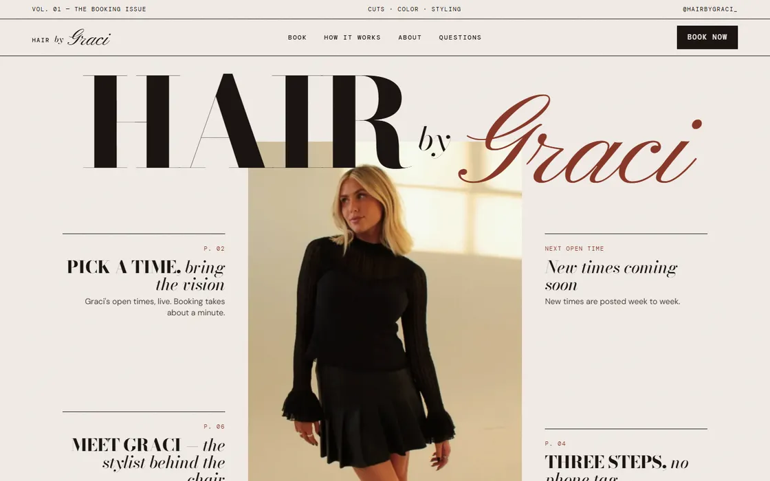 The Hair by Graci home page: the name in large black and red script type over a photo of Graci in a black dress.